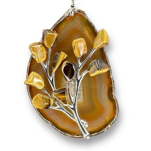 Large Stone Pendant Slice Agate with Flower Tiger’s Eye Silverstone Chain - Picture 4 of 7